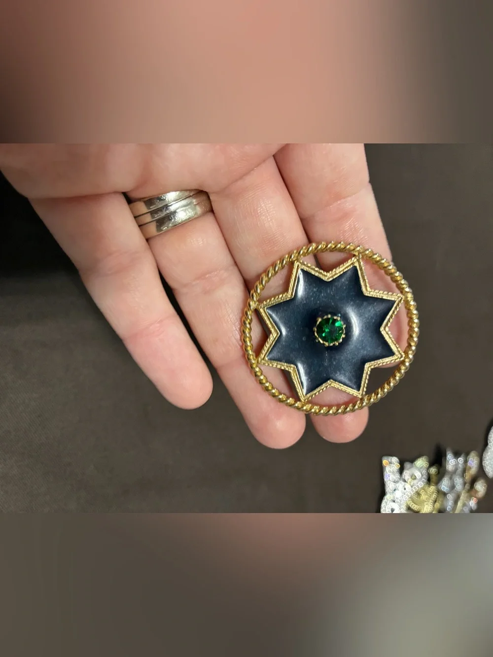 Vintage Gold-Tone Navy Star Brooch with Green Stone Accent